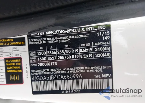 2016 Mercedes-Benz Gle 350 z USA, uszkodzony, nr VIN 4JGDA5JB4GA680996